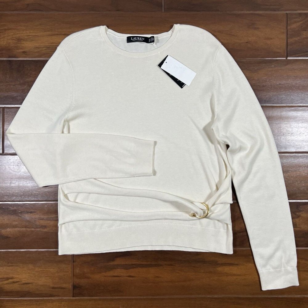 Lauren Ralph Lauren Size XL Winter Cream Thin Knit Sweater Top Front Detail